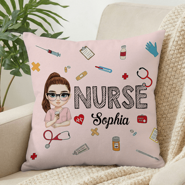 Personalized Cartoon Doctor Nurse Character Soft Throw Pillow Cover with Name Nurse Week Thanking Birthday Gift for Medical Staff