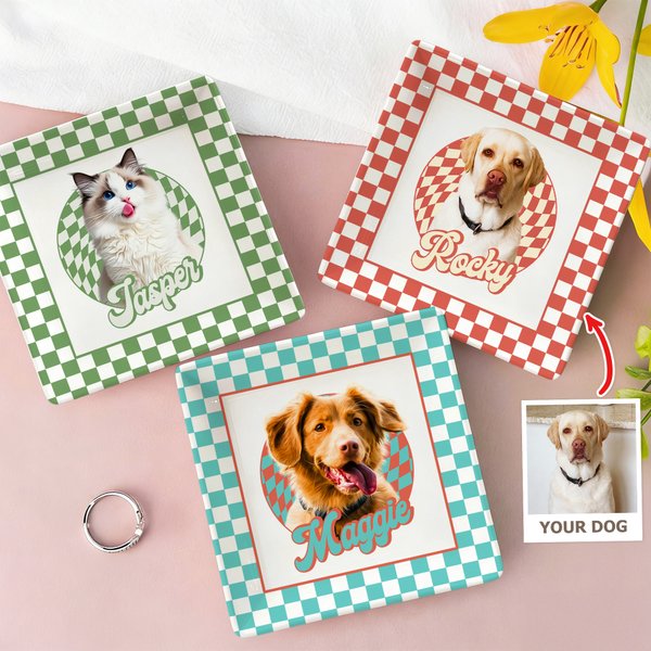 Personalisierte Ölmalerei Stil Haustier Foto karierten Platz Keramik Schmuck Schale mit Namen Haustier Memorial Day Geschenk für Tierbesitzer Liebhaber