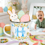 Henkilökohtainen akvarelli Peter Rabbit värikäs emali muki nimi ja Initial for Camping Daily juominen pääsiäinen lahja lapsille