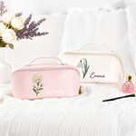 Gepersonaliseerde Geboorte Bloem PU Lederen Wijd Openende Cosmetische Tas met Naam Reis Opberg Cadeau voor Verjaardag voor Vrouwen