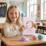 Personalised Cute Rabbit Easter Notebook and Pom Pom Pen Set with Name and Initial Easter Party Gift for Kids Children