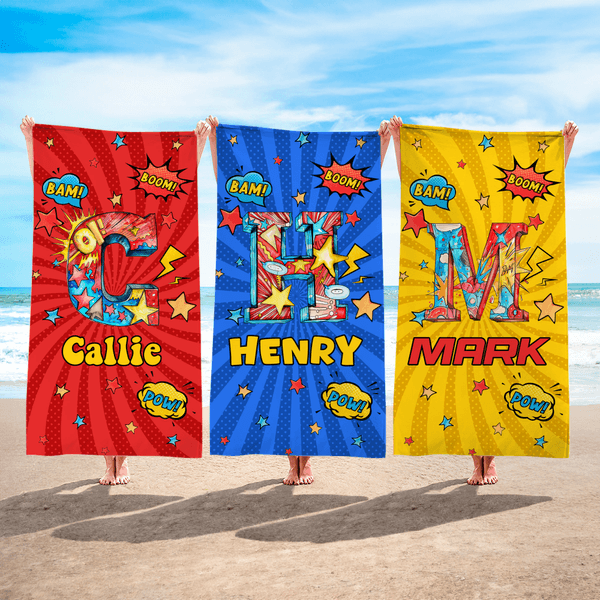Personalized Cool Hero Comic Design Star Initial Oversized Quick Dry Beach Towel with Name Beach Party Birthday Gift for Kids