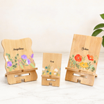 Personalized Watercolor Flower Bamboo Wooden Phone Stand iPad Holder with Name Desk Organizer Daily Use Birthday Gift for Women
