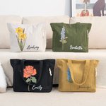 Personalized Birth Flower Corduroy Large Capacity Tote Bag with Name Daily Use Birthday Gift for Women
