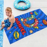 Personalized Cool Hero Comic Design Star Initial Oversized Quick Dry Beach Towel with Name Beach Party Birthday Gift for Kids