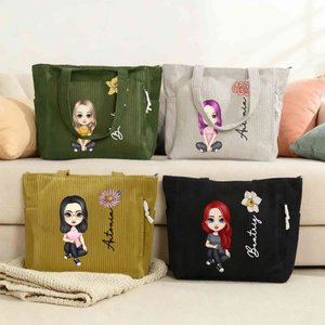 Bolso tote grande personalizado de pana con nombre flor de nacimiento y personaje de dibujos animados regalo de cumpleaños para mujeres