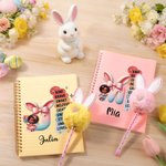 Personalised Black Girl Easter Bunny Ears Initial A5 Spiral Notebook and Pom Puff Pen Set with Name Easter Birthday Back to School Gift for Girls