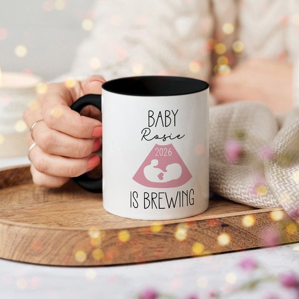 Personalised Baby is Brewing B-ultrasound Pregnancy Announcement Ceramic Mug with Name and Year Mother's Day Father's Day Gift for Expecting Parents