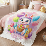 Personalized Happy Easter Cute Bunny Chick Balloon Soft Throw Blanket with Name Home Decor Easter Gift for Kids