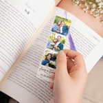 Marque-page acrylique multicolore personnalisé avec 3 photos, texte du nom et pompon Fournitures de lecture Cadeau d'anniversaire pour la famille et les amis