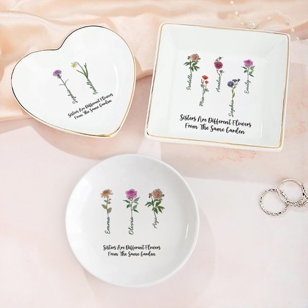 Gepersonaliseerd Sieradenschotel in Vintage Stijl met Naam en 1–6 Geboortebloemen Verjaardag- of Jubileumcadeau voor Zus of Vriendin
