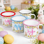 Henkilökohtainen akvarelli Peter Rabbit värikäs emali muki nimi ja Initial for Camping Daily juominen pääsiäinen lahja lapsille