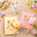 Personalised Cute Rabbit Easter Notebook and Pom Pom Pen Set with Name and Initial Easter Party Gift for Kids Children