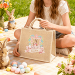 Personalized Wreath Frame Cartoon Easter Bunny Large Capacity Jute Tote Bag with Name Daily Use Easter Gift for Friends Kids