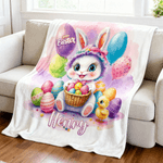 Personalized Happy Easter Cute Bunny Chick Balloon Soft Throw Blanket with Name Home Decor Easter Gift for Kids