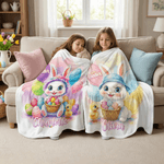 Personalized Happy Easter Cute Bunny Chick Balloon Soft Throw Blanket with Name Home Decor Easter Gift for Kids