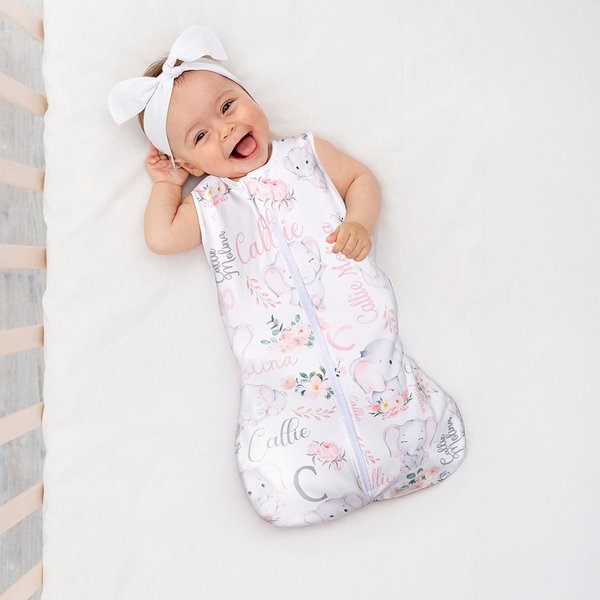 Personalisierte Floral niedlichen Elefanten ärmellos Zippered Baby Schlafsack mit Initialen und Namen Geburtstag Baby Dusche Geschenk für Neugeborene