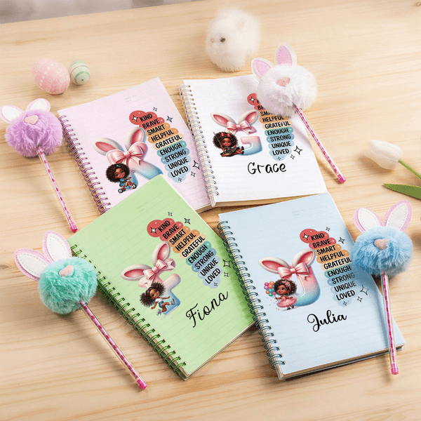 Personalised Black Girl Easter Bunny Ears Initial A5 Spiral Notebook and Pom Puff Pen Set with Name Easter Birthday Back to School Gift for Girls
