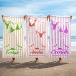 Personlig Multicolor Bikini Stripe Överdimensionerad snabbtorkande strandhandduk med namn Strandresor Essentials Födelsedagspresent för familj Vän