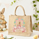 Personalized Wreath Frame Cartoon Easter Bunny Large Capacity Jute Tote Bag with Name Daily Use Easter Gift for Friends Kids