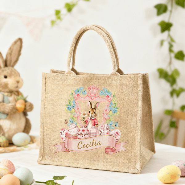 Personalized Wreath Frame Cartoon Easter Bunny Large Capacity Jute Tote Bag with Name Daily Use Easter Gift for Friends Kids