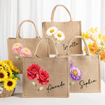Personalized Watercolor Style Birth Flower Large Jute Tote Bag with Name Daily Use Birthday Gift for Women Girls