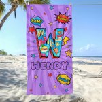 Personalized Cool Hero Comic Design Star Initial Oversized Quick Dry Beach Towel with Name Beach Party Birthday Gift for Kids