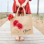 Personalized Watercolor Style Birth Flower Large Jute Tote Bag with Name Daily Use Birthday Gift for Women Girls