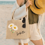 Personalized Watercolor Style Birth Flower Large Jute Tote Bag with Name Daily Use Birthday Gift for Women Girls