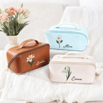 Gepersonaliseerde Geboorte Bloem PU Lederen Wijd Openende Cosmetische Tas met Naam Reis Opberg Cadeau voor Verjaardag voor Vrouwen