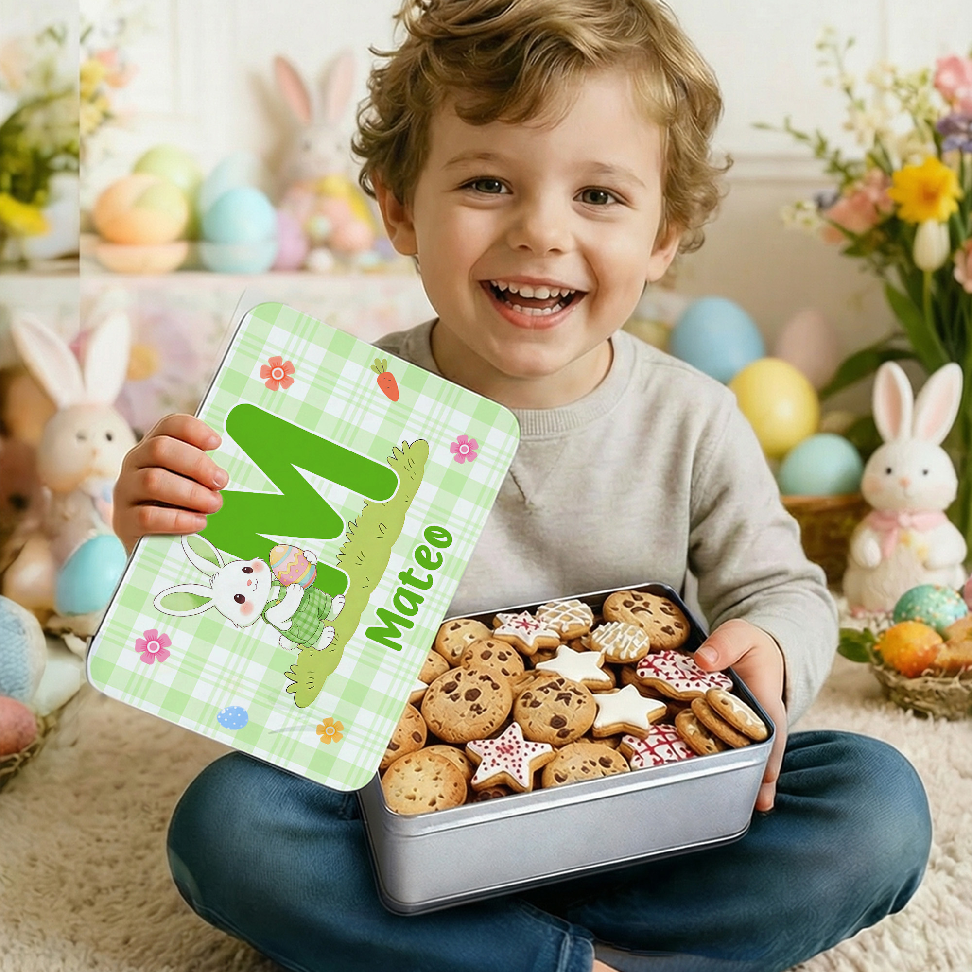 Personalised Cute Easter Bunny Holding Easter Egg Multicolor Biscuit ...