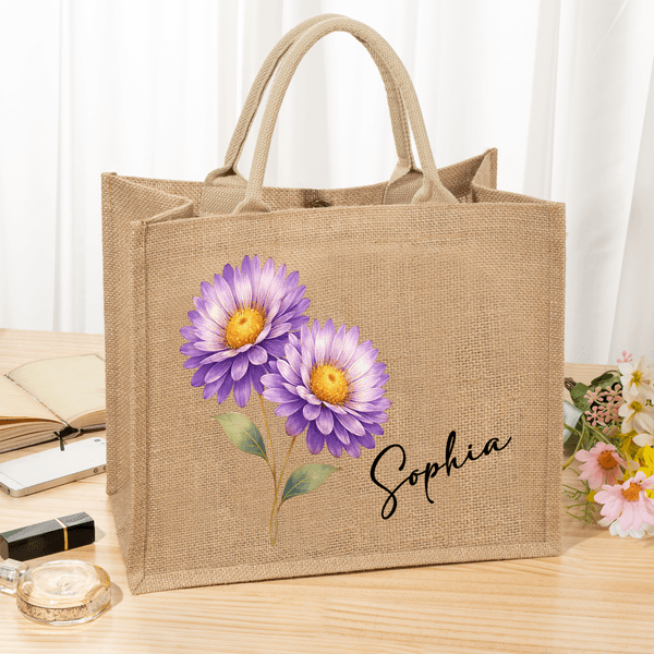 Personalized Watercolor Style Birth Flower Large Jute Tote Bag with Name Daily Use Birthday Gift for Women Girls