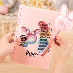 Personalised Black Girl Easter Bunny Ears Initial A5 Spiral Notebook and Pom Puff Pen Set with Name Easter Birthday Back to School Gift for Girls