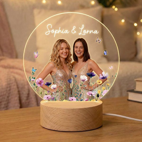 Personalizzato fiore farfalle foto LED acrilico luce notturna Desk Decor Compleanno Anniversario regalo per sorelle Besties