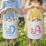 Personalized Cute Bunny Flower Canvas Easter Basket with Name and Initial Egg Hunting Accessories Easter Gift for Boys Girls