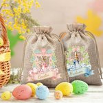 Personalized Cute Bunny Floral Wreath Ribbon Jute Drawstring Gift Bag with Name Easter Hunting Party Gift for Boys Girls