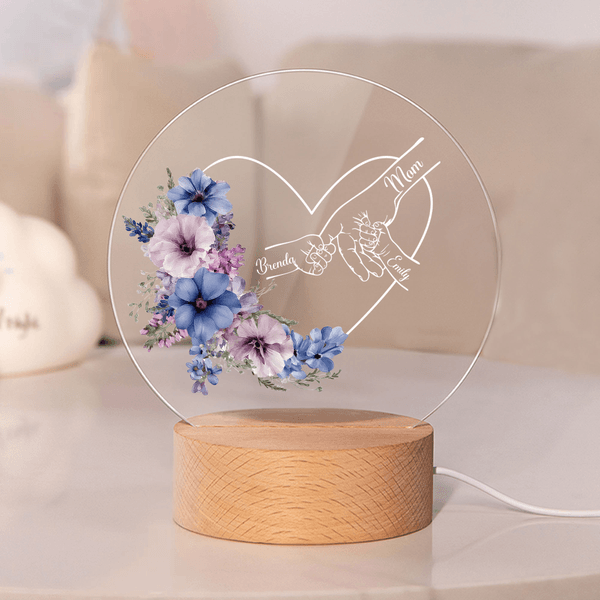 Personalized Heart Birth Flower Acrylic LED Night Light with Name and Wooden Base Home Decor Mother's Day Gift for Women