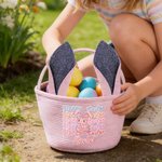 Personalised Happy Easter Sequin Y2K Bunny Ears Stripe Easter Basket with Name Easter Day Eggs Hunting Gift for Kids