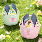 Personalised Happy Easter Sequin Y2K Bunny Ears Stripe Easter Basket with Name Easter Day Eggs Hunting Gift for Kids