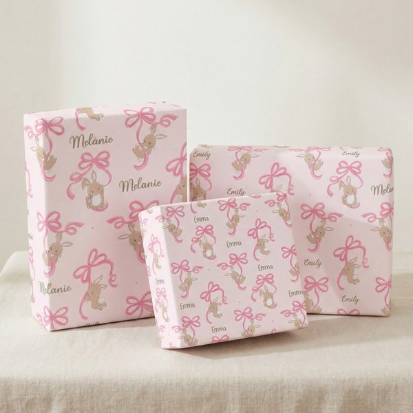 Personalized Bunny Bow Wrapping Paper Set of 3 with Name Easter Party Favors Gift for Kids