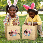 Personalised Cartoon Black Girl Character Large Capacity Jute Tote Bag with Initial and Name Daily Use Easter Gift for Black Girl
