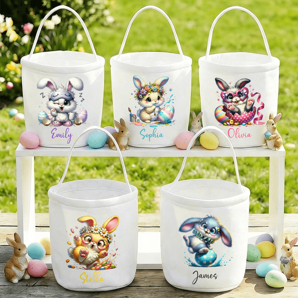 Personalized Cute Easter Egg Bunny Large Capacity Canvas Easter Basket with Name Easter Party Gift for Boys Girls