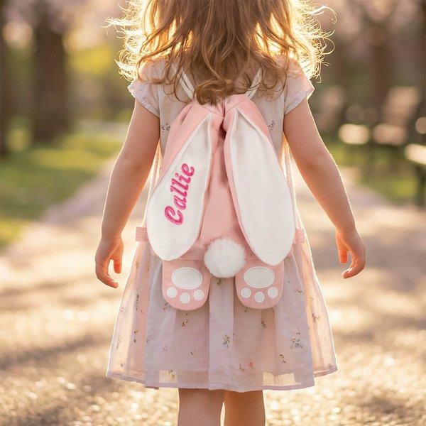 Personalized Cute Easter Bunny Drawstring Backpack with Embroidered Name and Tail Easter Party Gift for Kids