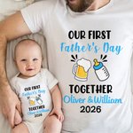 Personalized Our First Father's Day Beer Bottle 100% Cotton Baby Bodysuit T-shirt with Name and Year Family Outfits Birthday Gift for Dad Baby