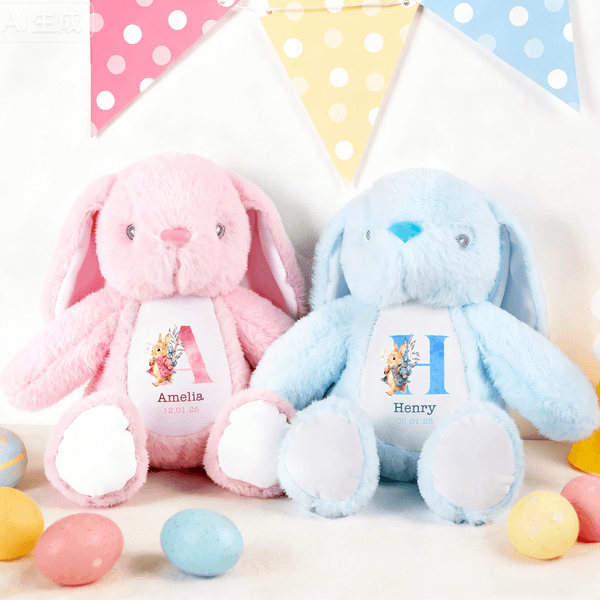 Personalized Cute Watercolor Cartoon Rabbit Flower Easter Bunny Plush Stuffed Animal Toy with Initial Name and Date Easter Birthday Gift for Kids