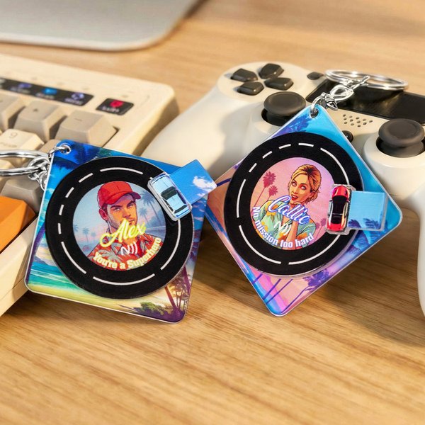 Personalized Neon Punk Retro Sports Car Photo Rotating Vinyl Record Keychain with Name Text and NFC Daily Use Birthday Gift for Game Music Lovers