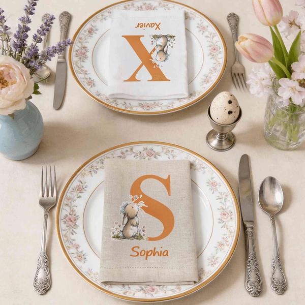 Personlig linneservett med söt kaninblomma och initialer och namn Bordsdekoration Påskfest Present till barn Familj Vänner