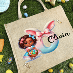 Personalised Cartoon Black Girl Character Large Capacity Jute Tote Bag with Initial and Name Daily Use Easter Gift for Black Girl