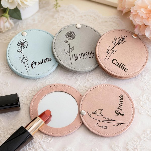 Miroir de maquillage de poche pliable avec nom et fleur de naissance personnalisée Outils de maquillage Anniversaire Cadeau de demoiselle d'honneur pour elle