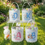 Personalized Cute Bunny Flower Canvas Easter Basket with Name and Initial Egg Hunting Accessories Easter Gift for Boys Girls